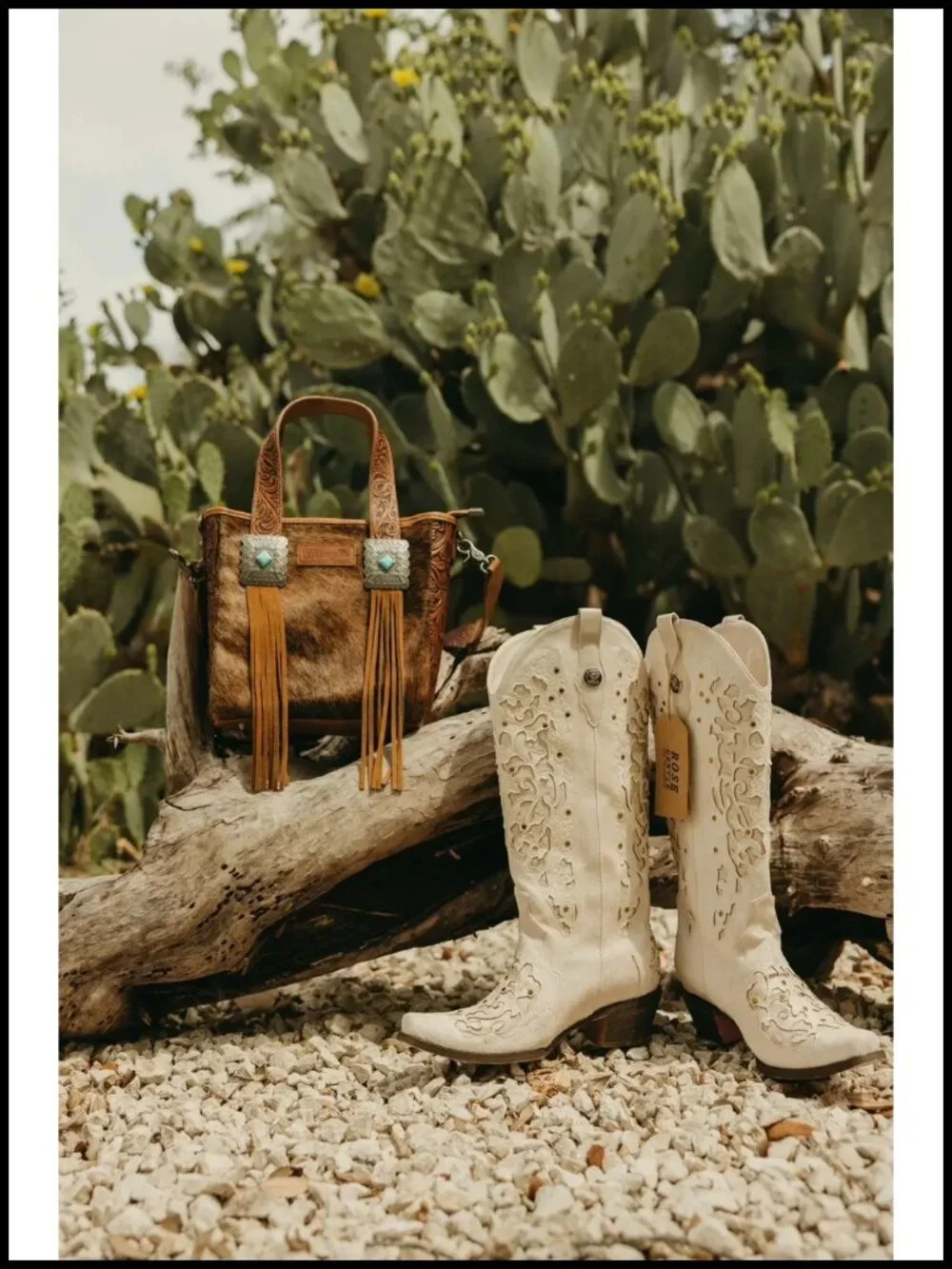 Western Hair-on Cowhide Tote Bag with Turquoise Stone Concho Fringing Tooling